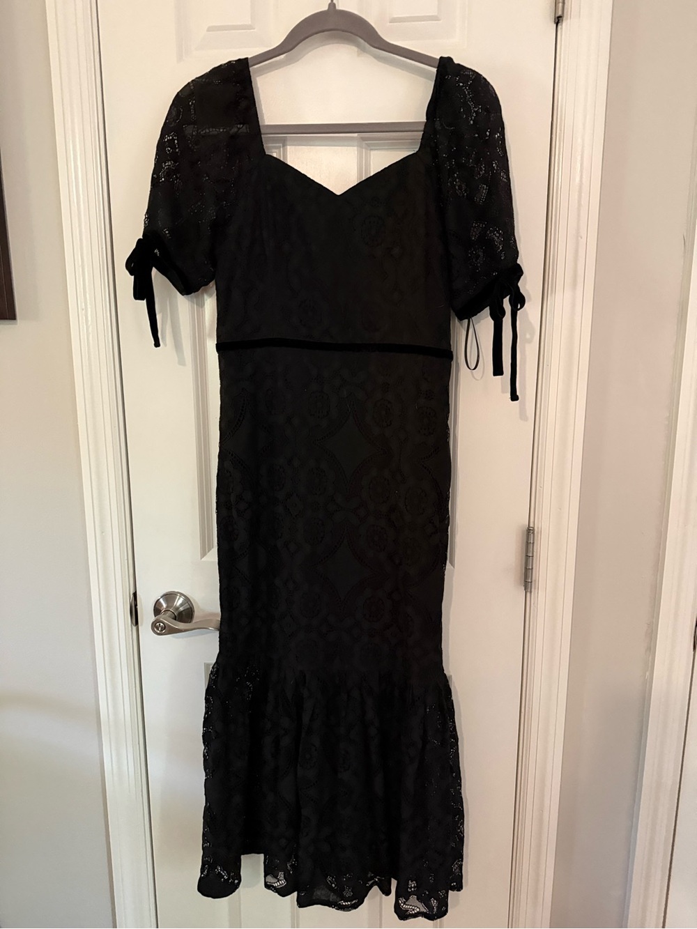 Just Me Black Lace Midi Dress with Puff Tie Sleeves